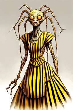 Artist Jean-Baptiste Monge style. A humanoid biomorph Zebra-Spider faced woman. Yellow eyes. A yellow striped ress, covered with spider legs.