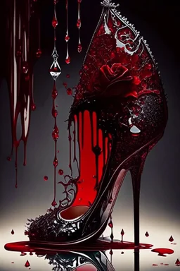 dark fantasy, intricate cover, a whimsical fairytale, shoe made of glass with blood inside and dripping out