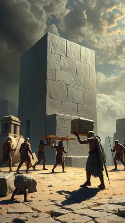 Bosch painting style giant strong warriors have muscles carrying a big cubicle stones along with slaves building the Egyption , paramount using a high tech machine of antigravity