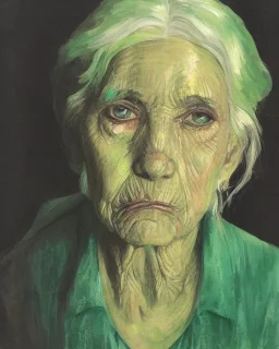 Abstract portrait of a dignified old woman with green eyes and white hair