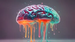 a brain that looks like jelly bright in colour like glowing alien slime, cut by a knife, things flowing out