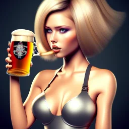 Thicc girl with short blond hair wearing German dress holding beer