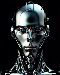 portrait shot, chromed male cyborg with instead of eyes, shining chromed robot in dark background, floating