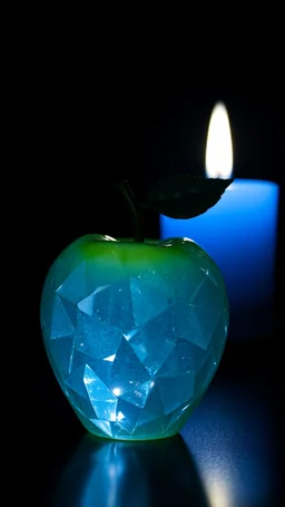 Chrystal Apple with a bluer view of candle behind it , a tiny star on the dark background behind