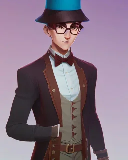 tall young man witbh square glasses, brown hair and grey eyes. He wears blue shirt, dark tails, bow tie and colorful chimney pot hat. He is happy.