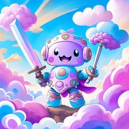 highly detailed portrait ofa small, adorable robot with round, expressive eyes and a friendly smile. It has a cheerful, bright color scheme, with a mix of pastel blues, pinks, and purples, standing with its arms crossed holding a toy sword, surrounded by a swirling vortex of energy. The background is a colorful, cartoon-like landscape, with fluffy clouds and a rainbow. The background is a stark, metallic landscape, with a futuristic cityscape visible in the distance. by atey ghailan, by eduard h