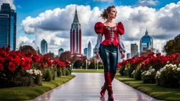 fullbody close up of 1 girl makeup wearing a dark red-silver victorian top and pants and pretty boots walking in moder city of 2040 park ,flowers ,pretty clouds in blue sky,city escape.