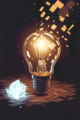 a shattered incandescent light bulb lies on the floor, (the glass bulb is shattered), (a heart) is flying above the light bulb, pixel art