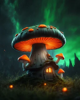 A solitary floating mushroom house on a clear night. silver and green and orange, Dark cosmic interstellar. Detailed Matte Painting, deep color, fantastical, intricate detail, splash screen, hyperdetailed, insane depth, concept art, 8k resolution, trending on Artstation, Unreal Engine 5, color depth, backlit, splash art, dramatic, High Quality Whimsical Fun Imaginative Bubbly, perfect composition