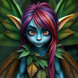 daggerhart, fairy, goblin, big eyes, big yellow ears, blue skin, male adult, huge winx style green wings, long rainbow colorful hair, leaf clothes, fully clothed, druid, realistic, humanoid face, colourful wings, nature, human face, full length