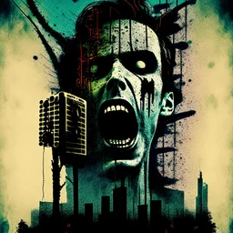 Profound modern horror movie poster, double exposure gritty spooky radio broadcaster with crepey mottled skin yelling into an old-time radio microphone, radio station tower broadcasting ethereal blasphemies, Dramatic, deep colors, oddball masterpiece, sfumato, complex contrast, dynamic composition