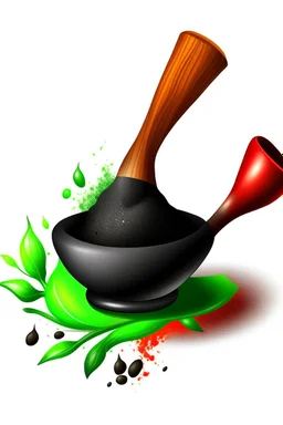 A mortar and pestle made of dark volcanic rock, with vibrant green herbs and a halved red chili pepper being ground together. A wooden spoon leans against the mortar. Style: Abstract, Mood: Aromatic, Lighting: Focused beam of light highlighting the ingredients, T-shirt design graphic, vector, contour, white background.