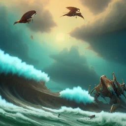 an exotic ibis in orange and green full battle armor, background of giant crashing ocean waves, a highly detailed illustration, realistic render, 8 k, micro detail, intricate, elegant, centered, digital painting, smooth, sharp focus, illustration, artgerm, tomasz alen kopera, peter mohrbacher, donato giancola, joseph christian leyendecker, wlop, boris vallejo