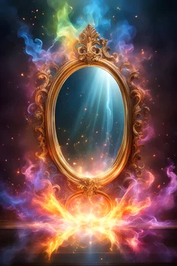a mirror with magic light rays and colorfull smoke and sparks. Epic. Dramatic, highly detailed, digital painting, masterpiece