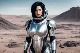 Photo of a Sci-fi woman, with black hair, wearing a silver and black spacesuit looking like an android, on an alien planet