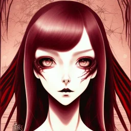 gothic girl, Junji Ito style, darkred tones,