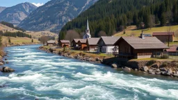 Looking across a fast-flowing dangerous river to a village of new wooden houses, school, church and farm buildings, and mountains in the far distance, highly detailed, realistic, sunshine, award-winning photo