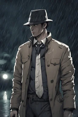A man with a bandage around his whole body in a detective uniform on a rainy night