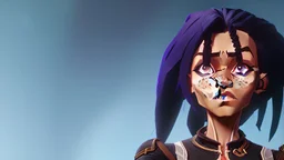 She's diminutive, with brown skin, short black dreadlocks hair. She has indigo blue eyes. She has a black staff