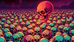 mars attacks a field of 1000s of cartoonish, anatomically correct, skulls, vivid RANDOM BRIGHT neon colors, dark comedy, well lit, high detail, photorealistic, horrorcore, fun, scary, none featured, each a different color or hue,