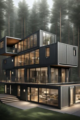 large house in the woods made from shipping containers, photorealistic
