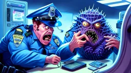 confused male cop dispatcher deals with evil virus hatching from the phone