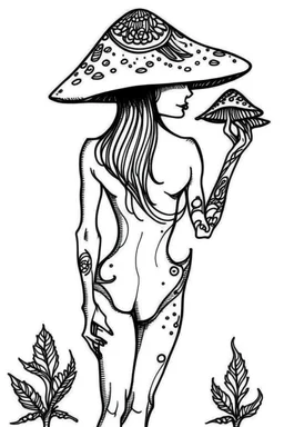 mushroom girl idea, line art, background, vector, svg, black outline on white background, leave plenty of white space beetween lines for coloring, tattoo style, tattoo idea,full body, minimalist