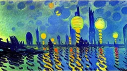 Space fururistic city, lake, Sci-fi, concept art, Konstantin korovin and claude monet painting