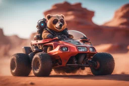 potrait of yogi bear driving highly symmetric metallic rocket propelled mad max ATV that looks like a helmet with rounded glass bubble roof in red desert, bokeh like f/0.8, tilt-shift lens 8k, high detail, smooth render, down-light, unreal engine, prize winning