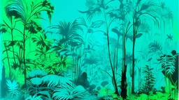 A cyan rainforest with poisonous plants painted by Andy Warhol