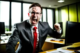 corporate man in office i screaming at employees. Swedish looks. Sign with the text "ICA" in red letters in the background.