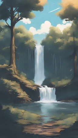 Cachoeira com árvores ao redor, céu ensolarado, cores cinematográficas, desfoque no céu, arte, traço desenho detalhado, traço The Last Of Us