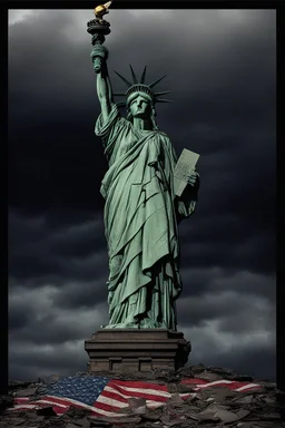 the statue of liberty, dress dirty and torn, her face solemn and terse, trash littered at her feet, she holds a crumpled american flag, she walks away, back to the viewer, under a dark and dreary sky
