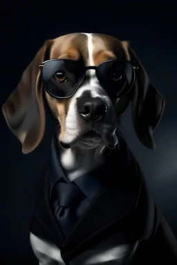 retrato de perro Beagle detectivecon gafas oscuras abrigo negro y fondo misterioso