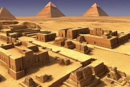 An ancient Egypt city in the year 1500 before Christ with 2 pyramids in the background, beautiful Egyptian temples, ultra realistic, no ruins, vibrant colours, concept art