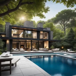 Modern country house with a dark exterior, large windows and tall stone fireplace. The house is surrounded by foliage of large trees. There is a rectangular swimming pool lined with light stone tiles and comfortable sun loungers next to it. Behind the pool is a covered patio with outdoor seating. Calm and serene environment, combining luxury with nature.