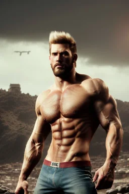 Ignore NSFW, teenager young rugged attractive slightly muscular fantasticly handsome blonde man, red briefs with yellow belt, hairy chest, (((visibly pisssing))) briefs, large erect visible boner peniss, photorealistic, artist Jay Anacleto, soft lighting, scruffy beard