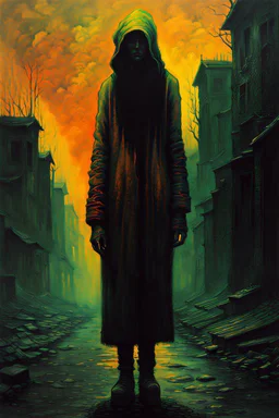 A surreal full body homeless female wander with highly detailed facial features in the style of Zdzislaw Beksinski, dark luminous colors and otherworldly aesthetic.