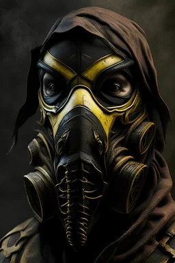 a mask that combines v from vendetta, a gas mask, and scorpion from mortal kombat