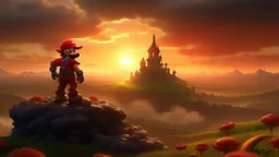 High quality medium shot of Mario on a hill overlooking a field, fantasy, epic, fire, ruins, dragon, demons, buff, backshot, fog, sunset