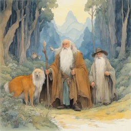 [aquarelle by Moebius: three Middle-earth Istaris are Jonathan Pryce, Sylvester McCoy and Jean Rochefort] Radagast, with his unkempt hair and a menagerie of animals, shared a hearty chuckle with Saruman, the wise and cunning Istari. And there, in the midst of it all, stood Gandalf, a twinkle in his eyes as he joined in the mirth.Their laughter echoed through the night, a rare moment of camaraderie amidst the chaos of their journeys.