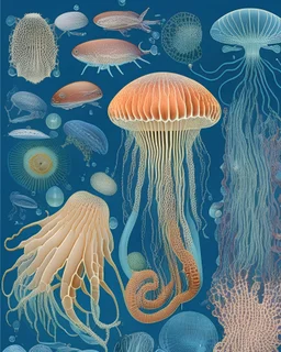 A detailed, scientific illustration of a variety of marine species, such as jellyfish, mollusks, and crustaceans, showcasing their unique anatomical features, patterns, and textures, presented in a visually engaging and educational format.