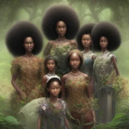 photo.three Brown skin women. Three dark skin women. Three black women. .three women. A mother. Two daughter. Twins. A mother with her children. three young black women. wood nymphs emerging from the forest. Her hair looks like vines. Dreadlocs. Her skin is the colour of dark soil. Her skin looks like tree bark. Her clothing is made of vines, grass and leaves.