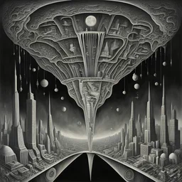 UPSIDE-DOWN world, upside-down picture, Abner Graboff and Laurie Lipton deliver a dark surreal masterpiece, muted colors, sinister, creepy, sharp focus, dark shines, upside-down, reversed vertical composition,