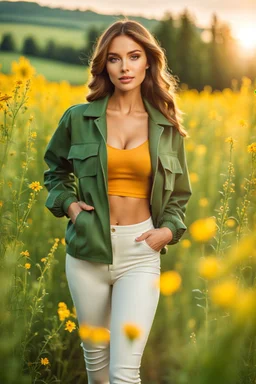 fullbody close up shot of young-beautiful-girl-with-a-perfect-face wearing pants and thight blouse and jacket sport shoes standing in country side green field flowers day lights