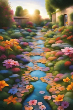 jardin con caminos de flores, agua corriendo muy transparente, colores claros, amanecer