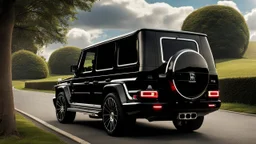A sleek rear view of (((a cross of rolls royce and G-Wagon))), on street, with hill and trees around, a beautiful clouds and sunny weather, 4K, Superdetailed, No mistakes