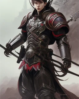 Detailed anime boy, dark brown hair, black and red dragon scale armour, intricate details, full body portrait, keep head in frame, slight smile, black Japanese motif, concept art, highly detailed, digital painting, concept art, sharp focus, illustration, art by Yoji Shinkawa, WLOP and greg rutkowski and alphonse mucha and artgerm and yanjun Chen and Junji ito and Makoto Shinkai, HDR, octane render