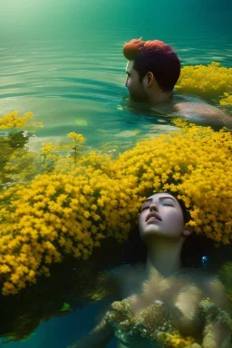 eva and adam underwater with yellow flowers for hair, closed eyes, rtx, reflection, 8k, glow, winning photography, caustics