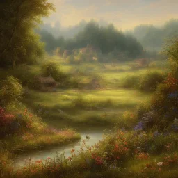 a beautiful and warm painting of a landscape country river france fields by jerome bosch